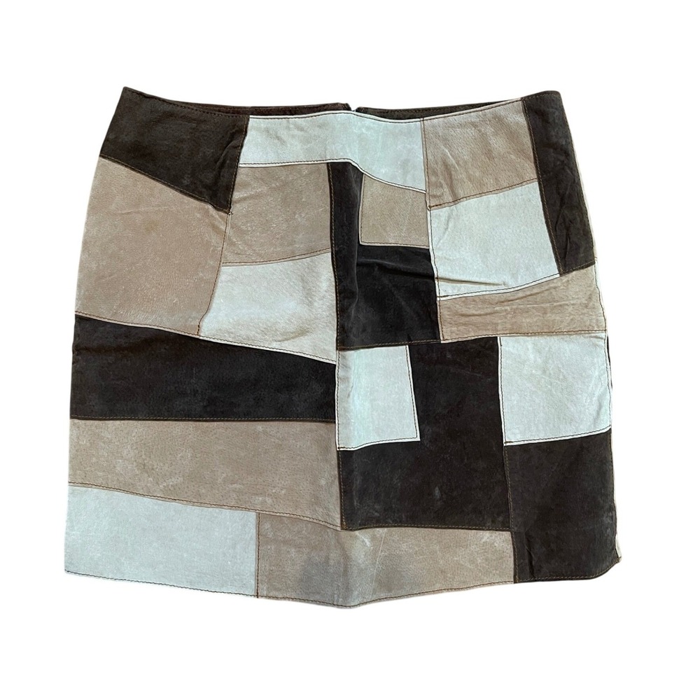BB Dakota Skirt Womens 9/10 Brown Leather Patchwork Mini Vintage Boho Festival